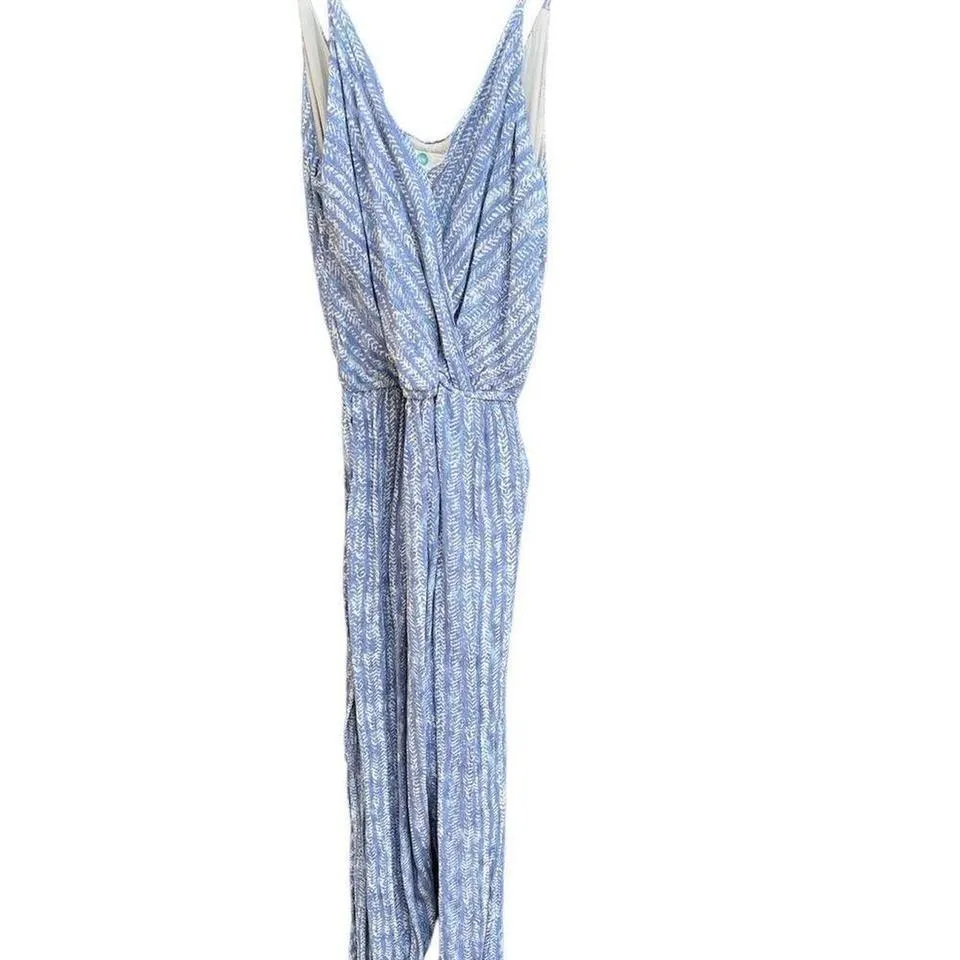 Boho Blue Leaf Print Spaghetti Strap Jumpsuit‎ Summer Beach Casual Romper E22 Size 8 - Image 2