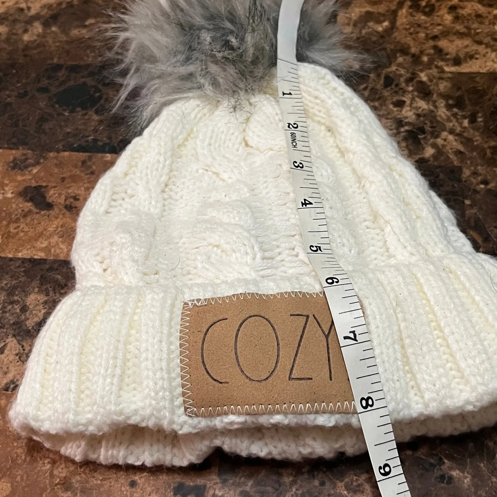 Rae Dunn Winter Hat Women's "Cozy" White Faux Fur Pom-Pom Cable Knit One Size - Image 7