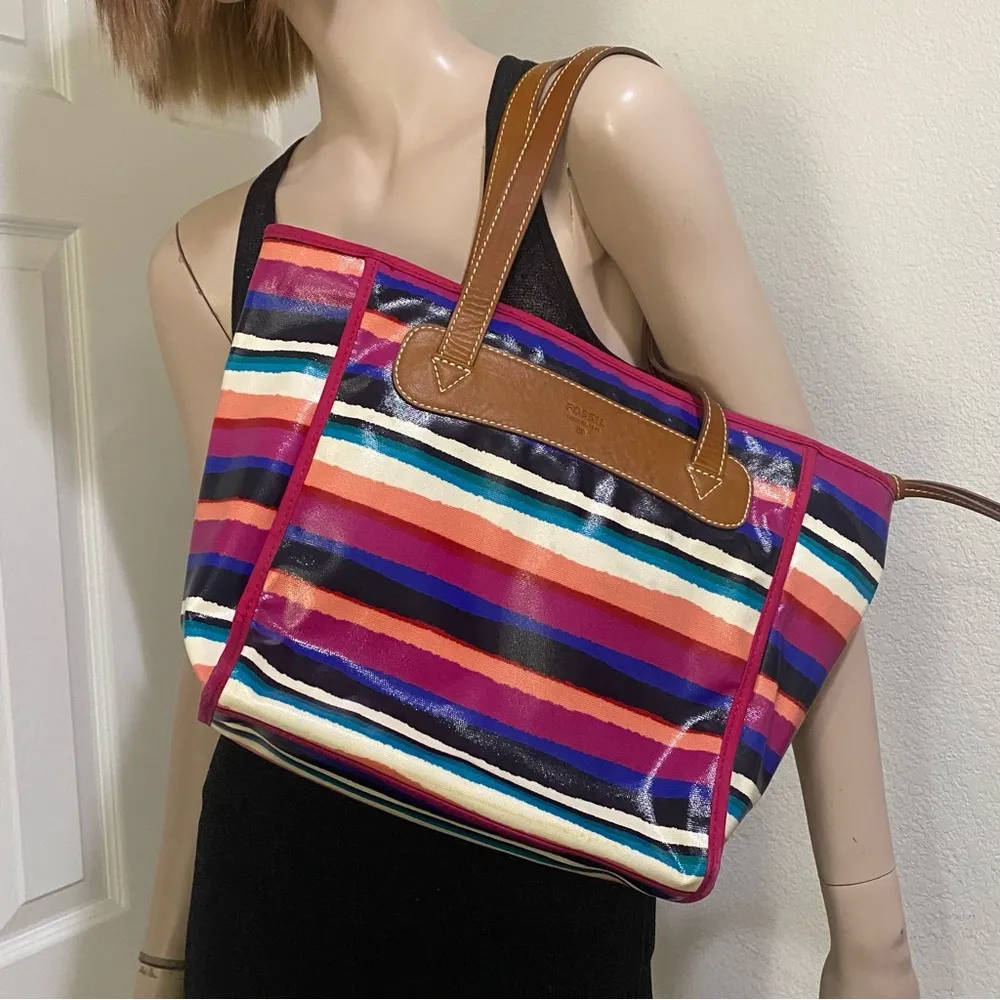 FOSSIL Keyper Multicolored Stripes Coated Canvas Shopper Tote Bag - Image 6