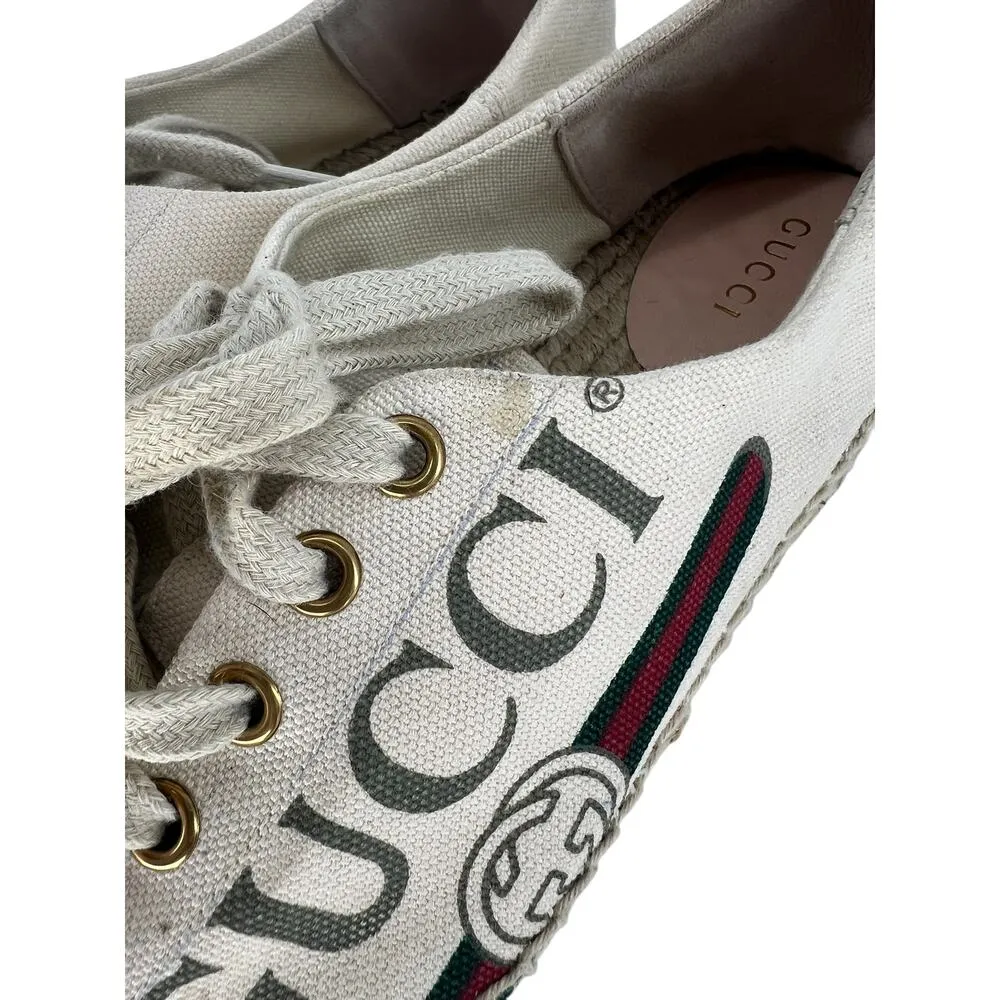 Gucci  Cream Lace Up Canvas Logo Platform Espadrilles - Image 8