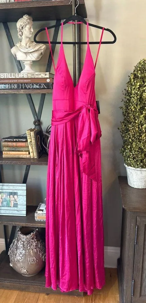 Ieena Mac Duggal Charmeuse Halter Strap Soft Tie Waist Gown Magenta Womens Size - Image 3