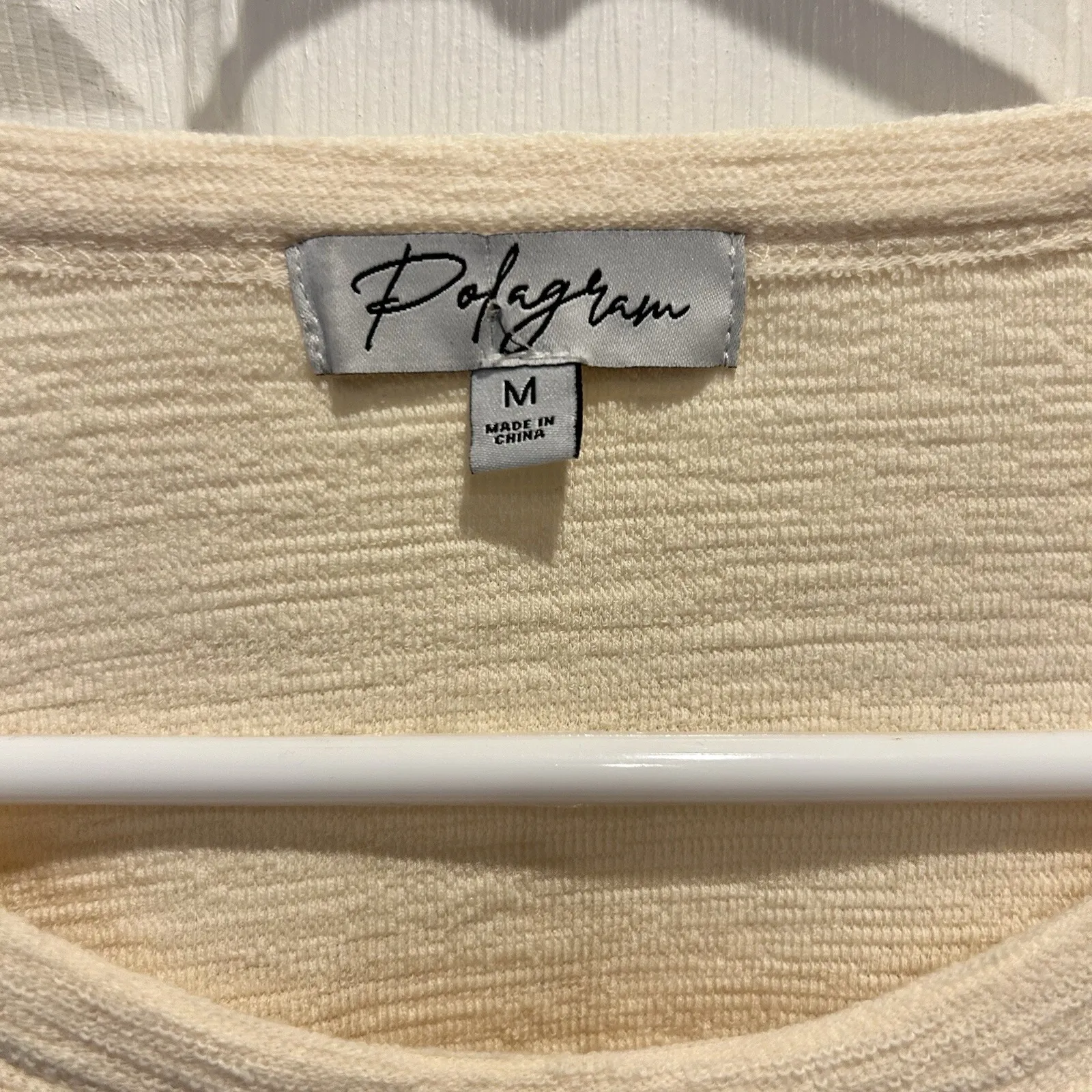 Polagram Cream Textured Puff Sleeve Knit Top with Floral Cuffs Women's Medium - Image 4