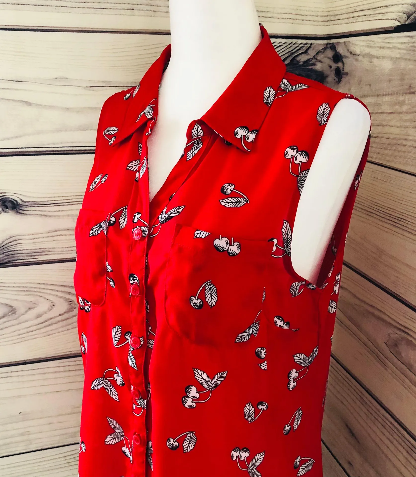 Christopher & Banks Red Cherry Printed Button Down Tank - Image 5