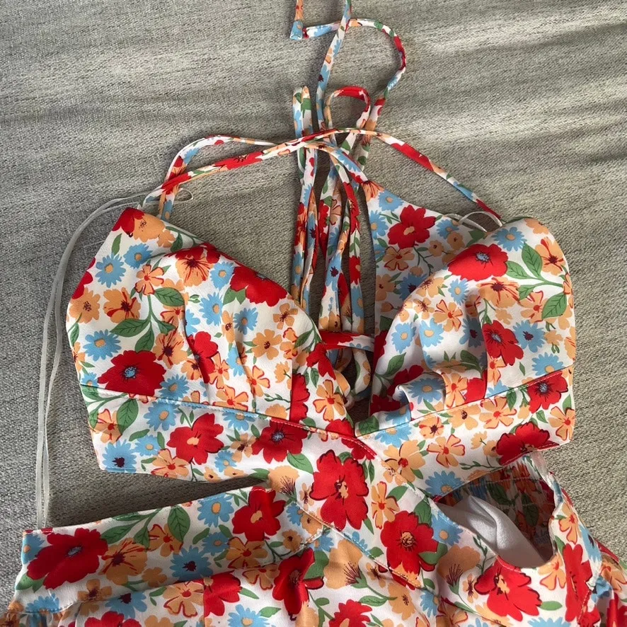 Priceless Floral‎ Print Maxi Dress Halter Neck Cutout Back Tie Waist Summer - Image 3