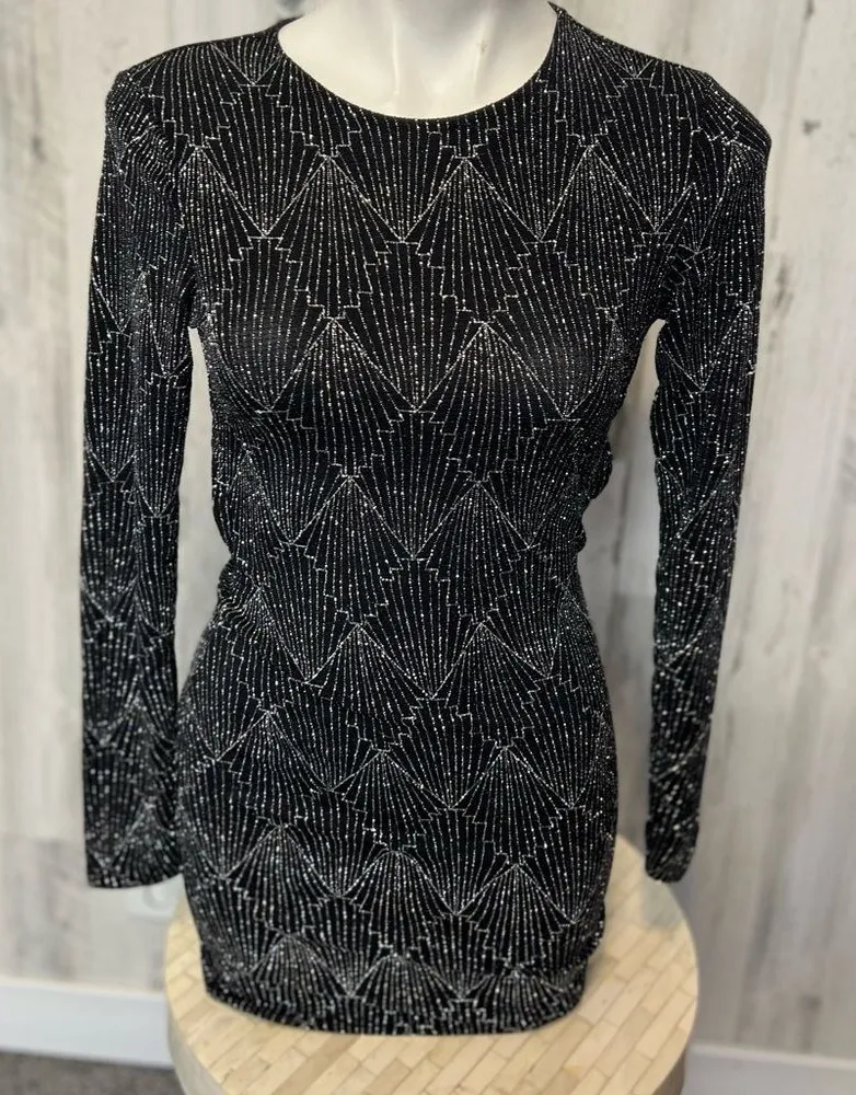 H&M Divided Black Glitter Open Back Bodycon Mini Dress Small Long Sleeve Party C - $16 New With Tags