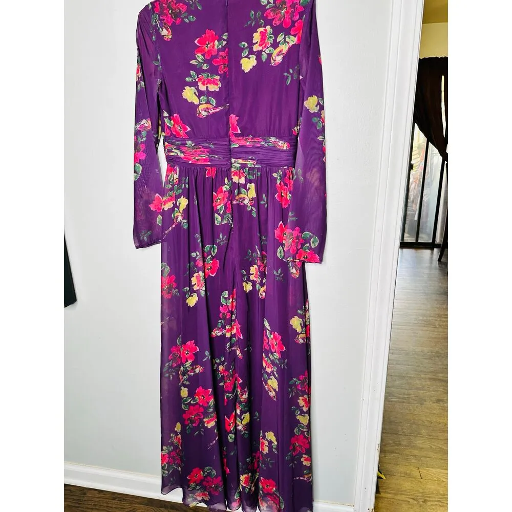 MAC DUGGAL Purple Floral Georgette Plunging Neckline High Slit Gown Size 8 - Image 9