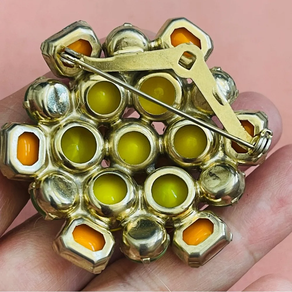 Rare Vintage Juliana Fluorescence Stained Glass brooch clip earrings set Yellow - Image 3