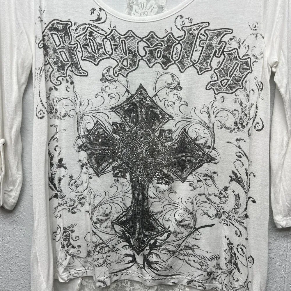 Rhinestone Flowy Womens Top Small Rockabilly Punk Chaotic Academia Streetwear White - Image 4