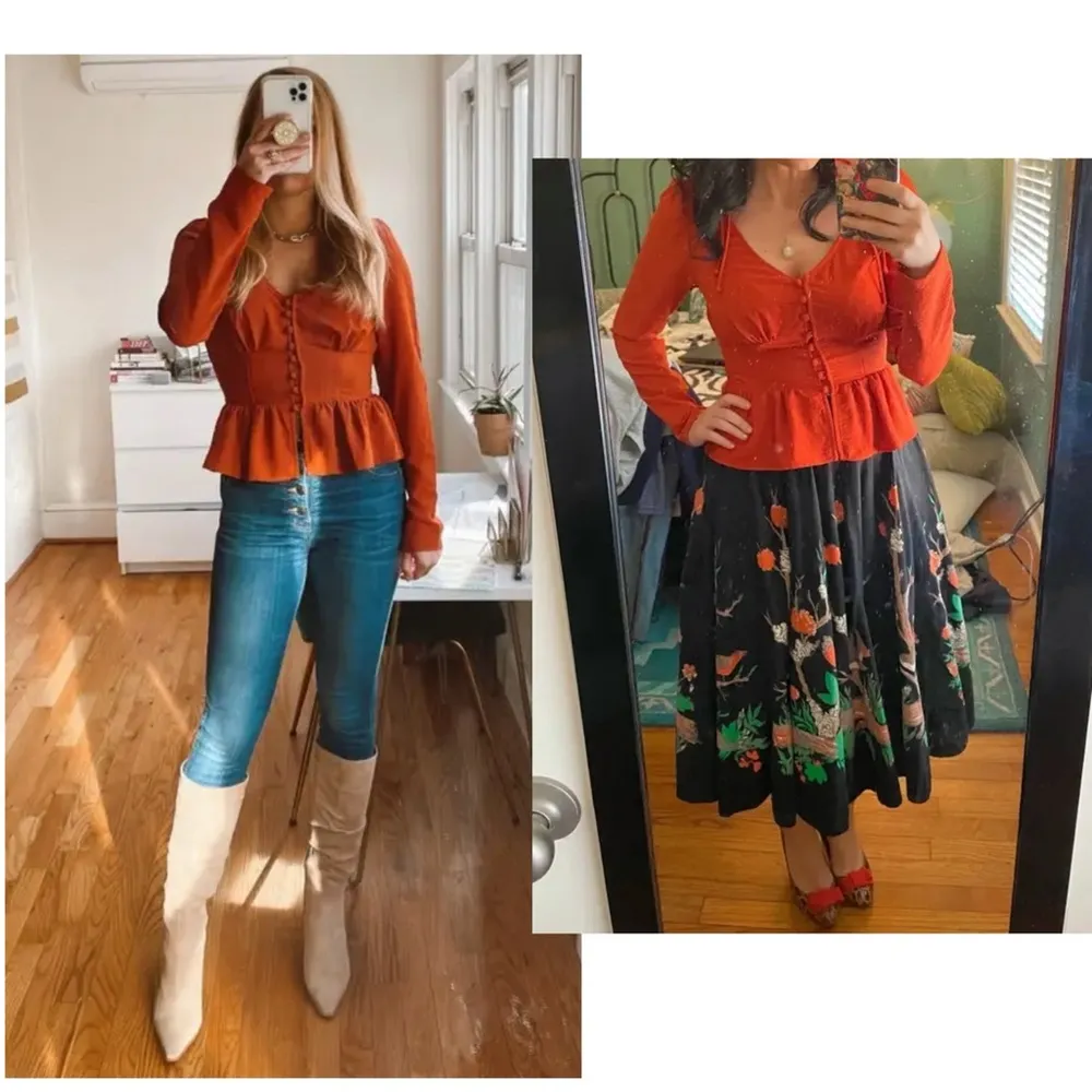 Louna Designer Blouse Red Orange Ruffle Hem Cinched Waist Long Sleeve Sz XS - Image 5