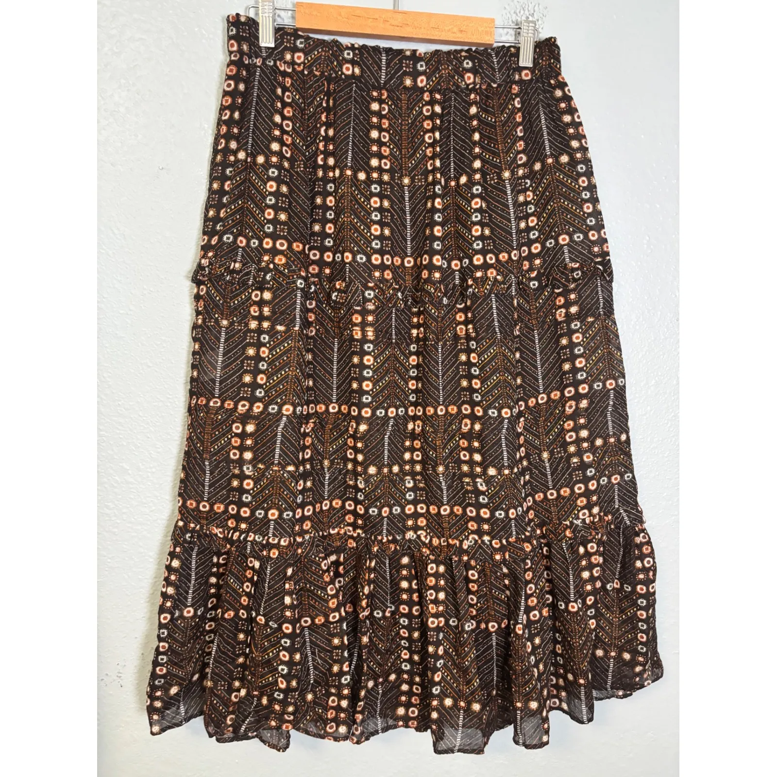 Isabel‎ Marant Etoile Diya Tiered Maxi Skirt Size 12 Black Brown Printed - Image 7