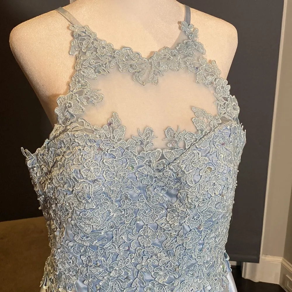 Women’s Pale Blue Halter Neck Lace Appliqué Prom Party Homecoming Dress Size 12 - Image 2