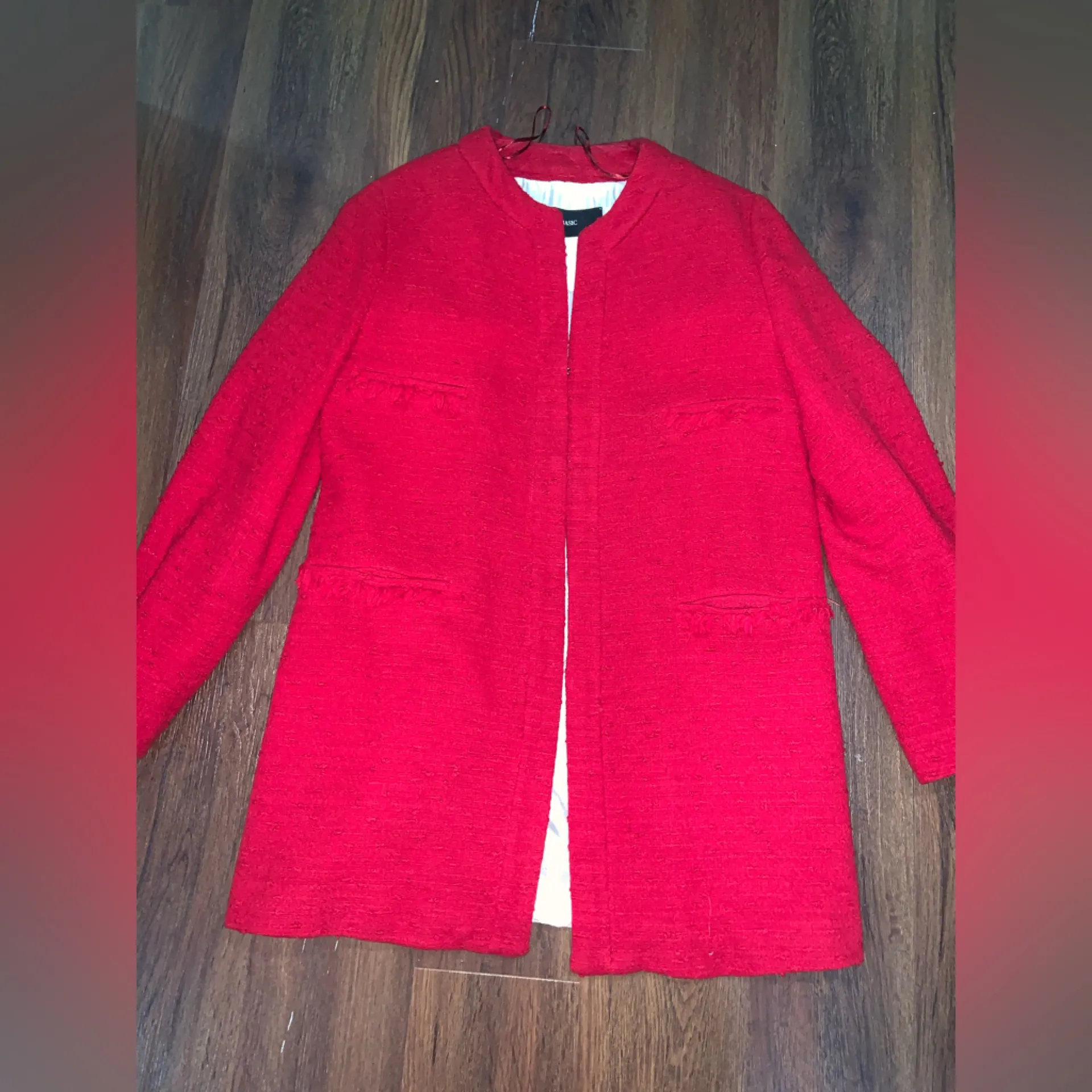 Zara RED TWEED BOUCLE COAT L bloggers fav fall holiday winter classic nwot $120 - Image 5
