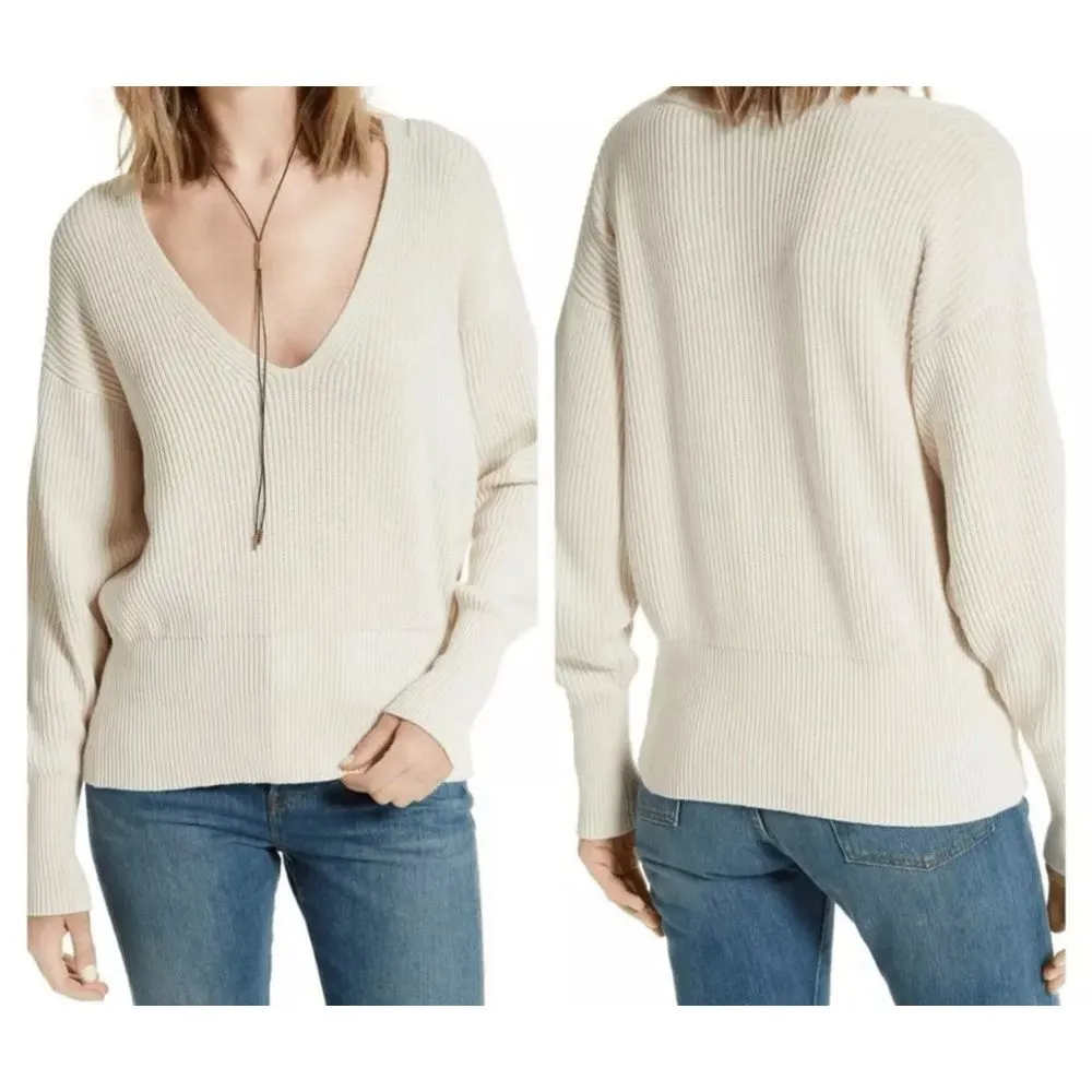 Free People Allure Pullover Sweater V Neck‎ Ribbed Knit Ivory Cream Womens Small - Image 2