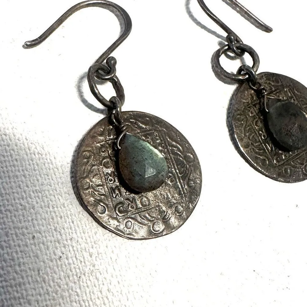 Sterling silver labradorite ancient riviera coin earrings - Image 2