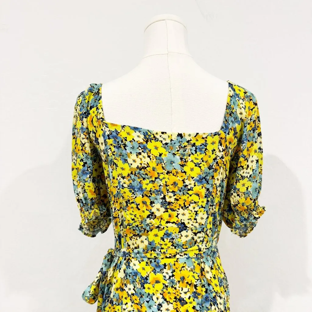 L*Space Talia Floral Midi Wrap‎ Dress in Yellow Blue Cottage Peasant Size Medium - Image 9