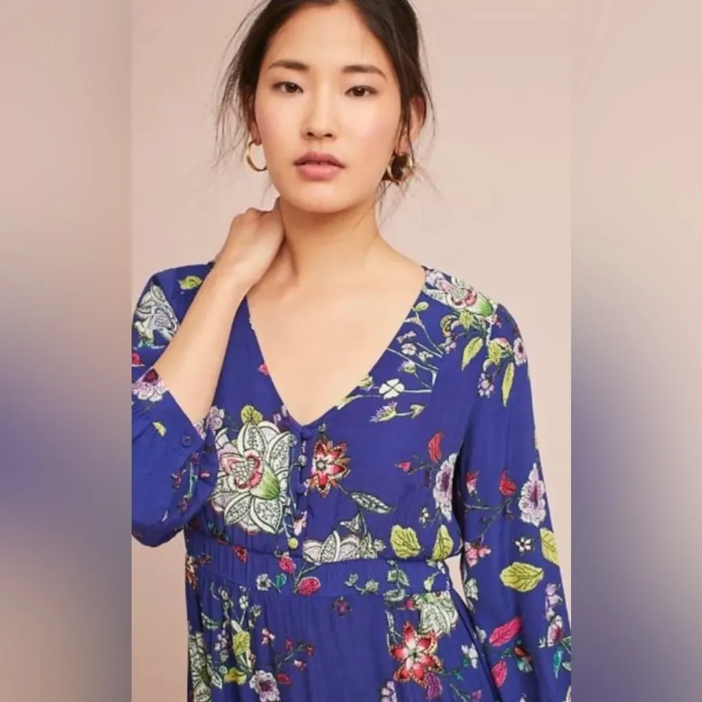 Maeve Anthropologie Maplewood Blue Floral Long Sleeves Button Dress Size XL - Image 3