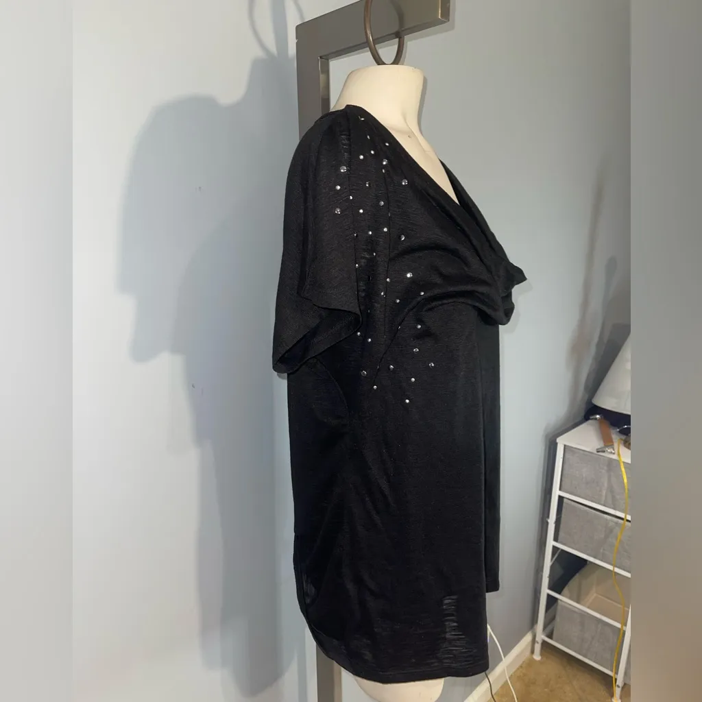 Hybrid black cowl neck top blouse short sleeve shirt bedazzled sleeved XXL - Image 3