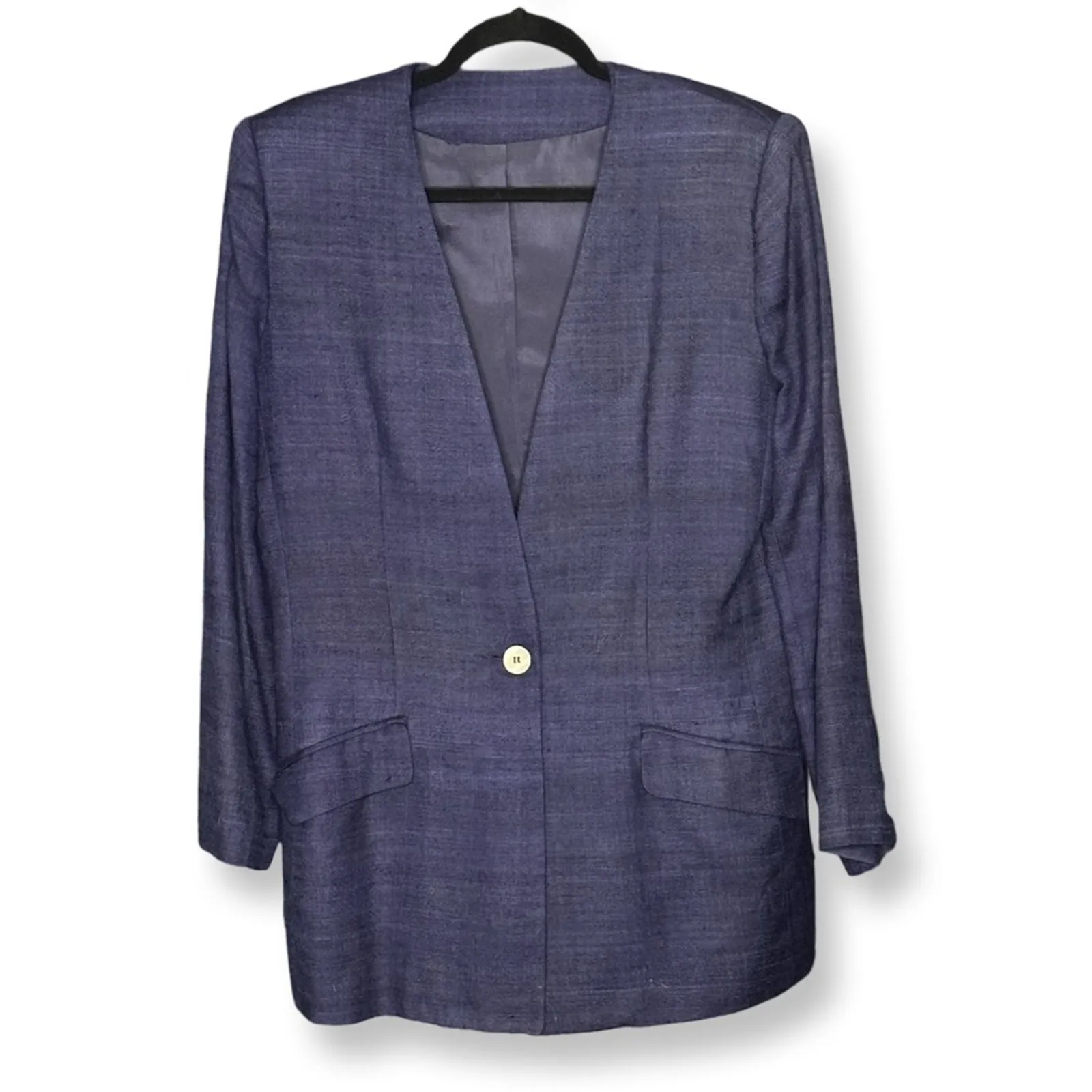 Vintage 80s JOs. A Bank Navy Blue Raw Silk Skirt Suit Set - Image 2