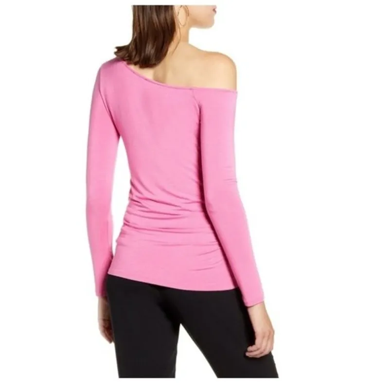 Halogen Pink Off Shoulder Long Sleeve Ruched Bodycon Top‎ Size Small - Image 2