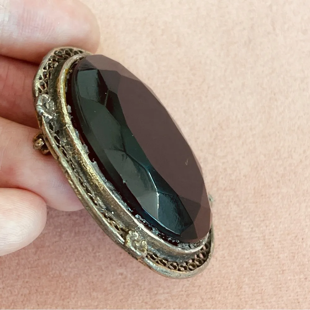 vtg facet cut black crystal gold plated frame collar pendant brooch two way - Image 4