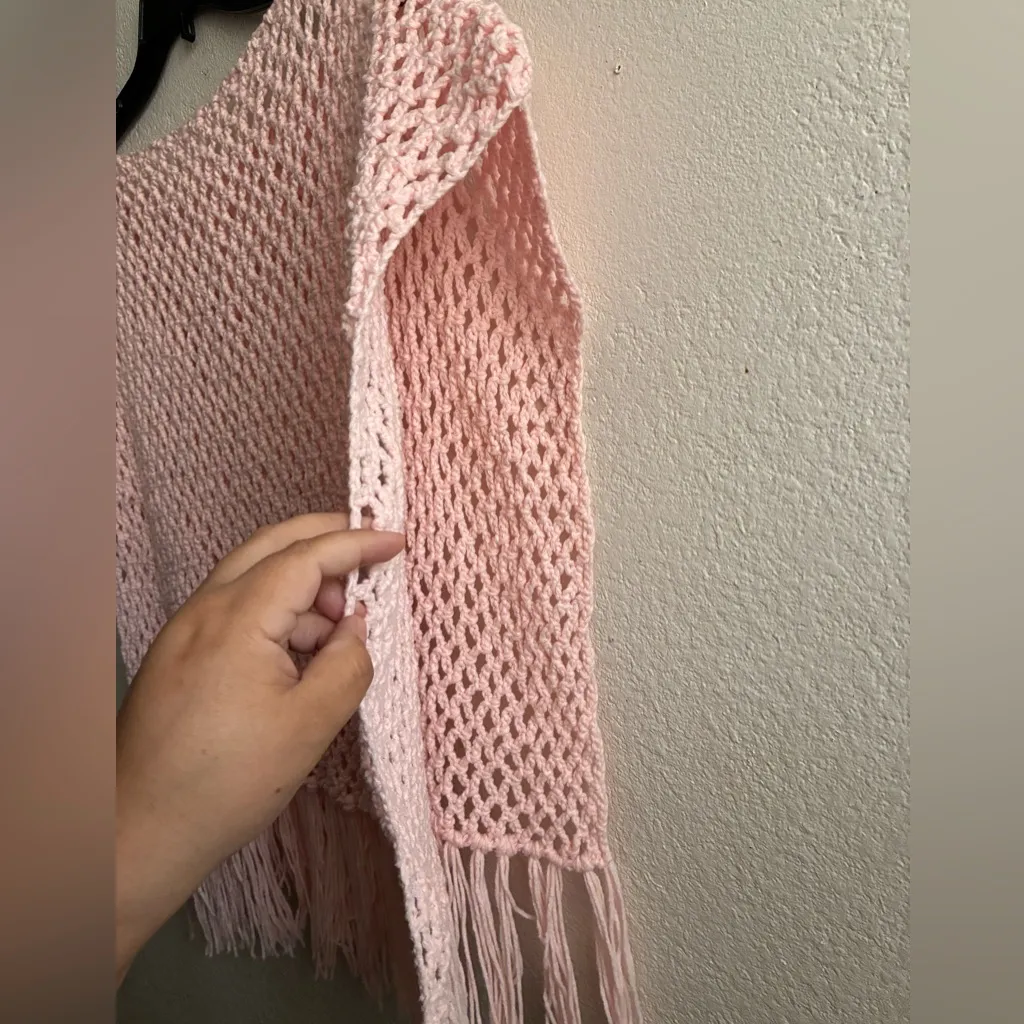 Pink Fringe Knit Sweater Poncho OS Size undefined - Image 7