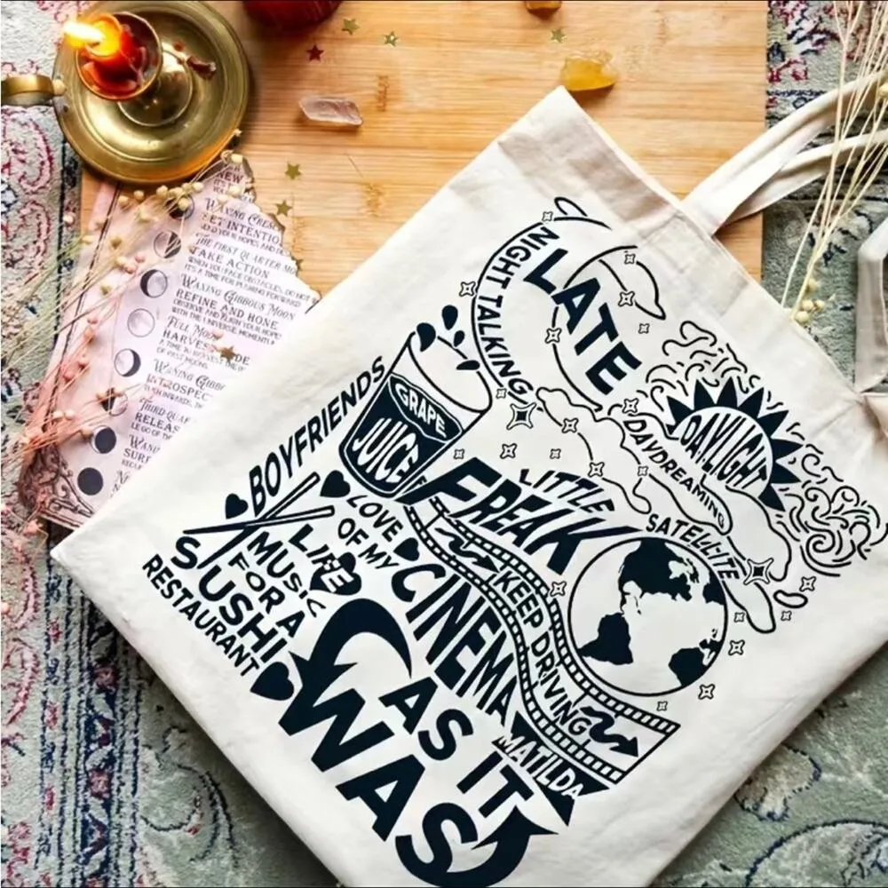 Letter Print Canvas tote reusable Shopping Bag book bag Gorpcore hippie vegan Black - Image 5