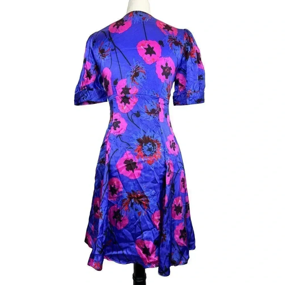 Topshop Floral V-Neck A-Line Satin Mini Dress US 4 Blue Pink Short Sleeve Button - Image 8