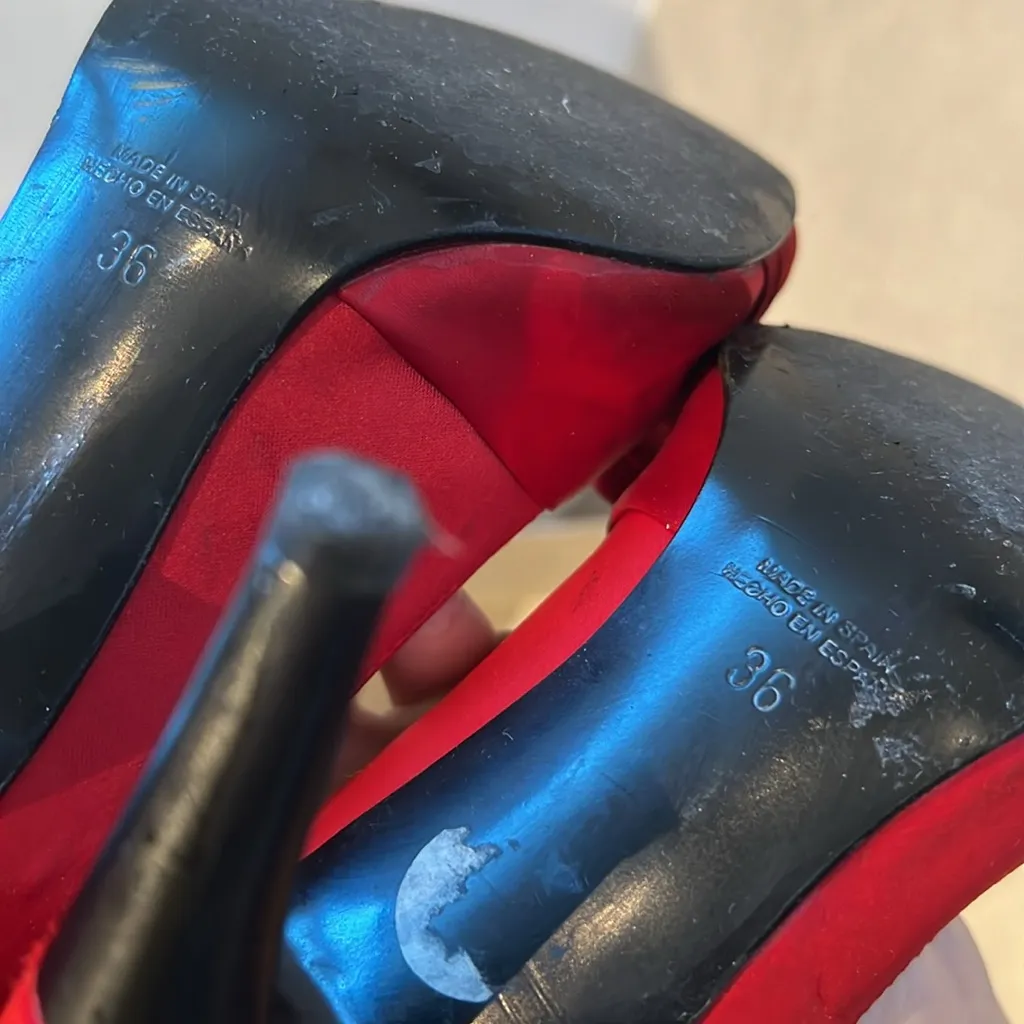 Zara Women size 36 Red open toe bow heels shoes satin type of fabric elegant - Image 9