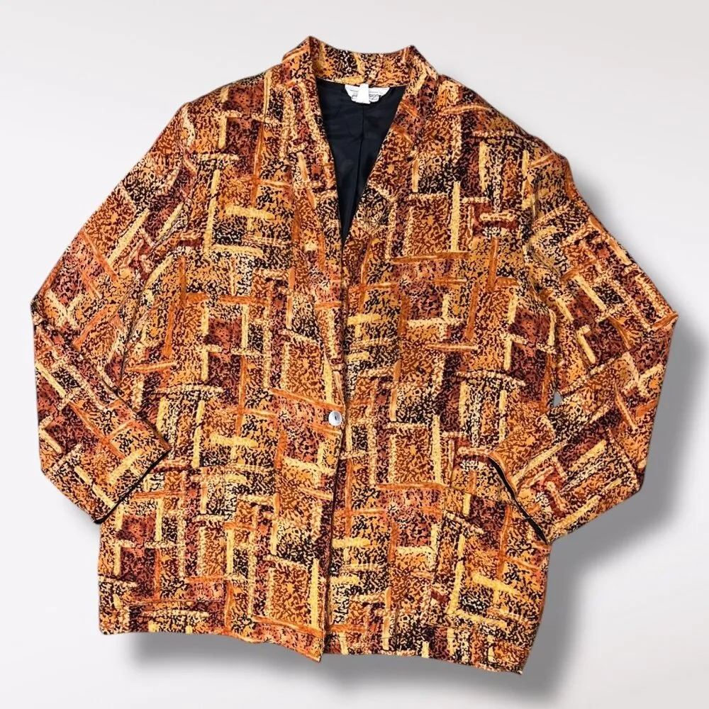 90s Abstract Button Up Blouse Shirt Jacket Boxy Fit Large Orange - Image 9