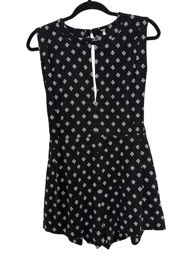 Free People Romper Ashley Black White Diamond Boxy Linen Blend XS - Image 4