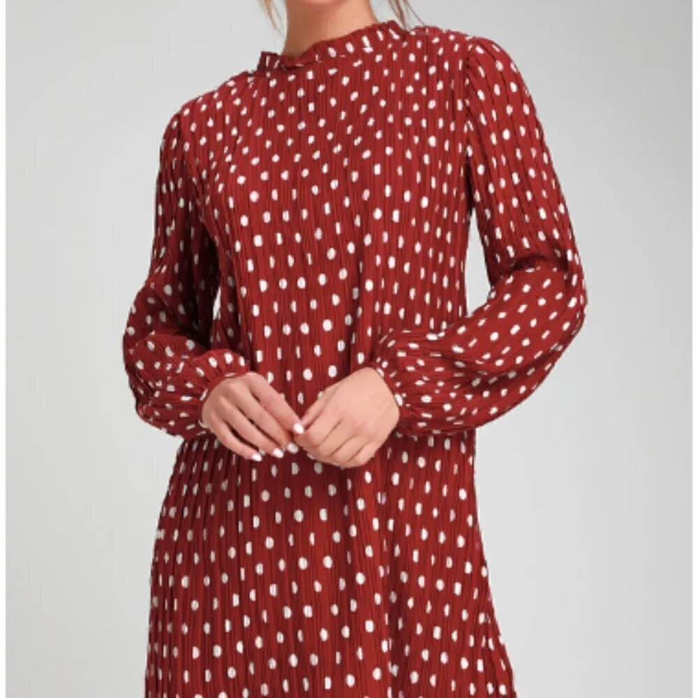 Lulus Pleat to Meet You Wine Red Polka Dot Long Sleeve Shift Dress - Image 4