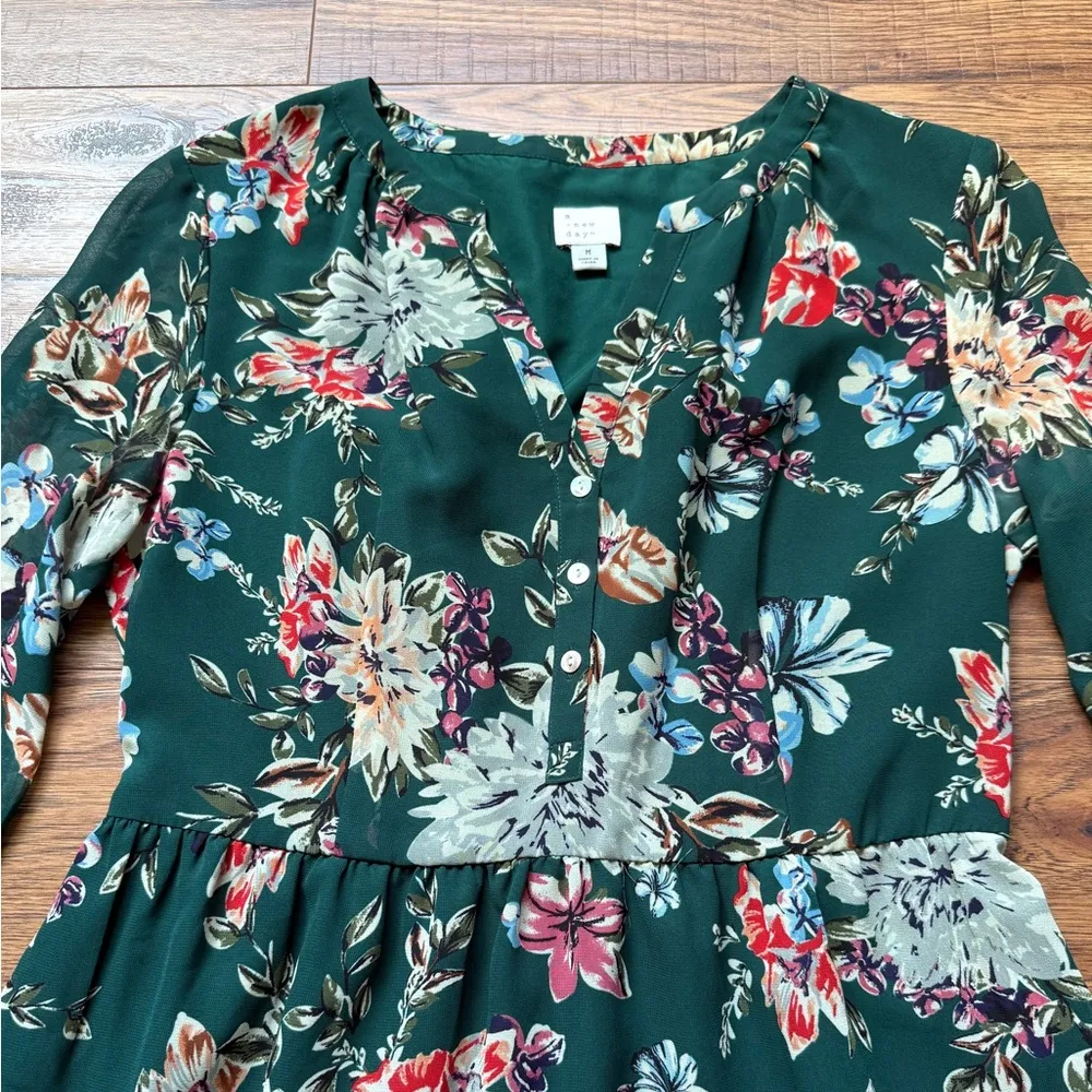 A New Day Women’s Green Floral Button Down Fit & Flare Dress Size Medium - Image 3
