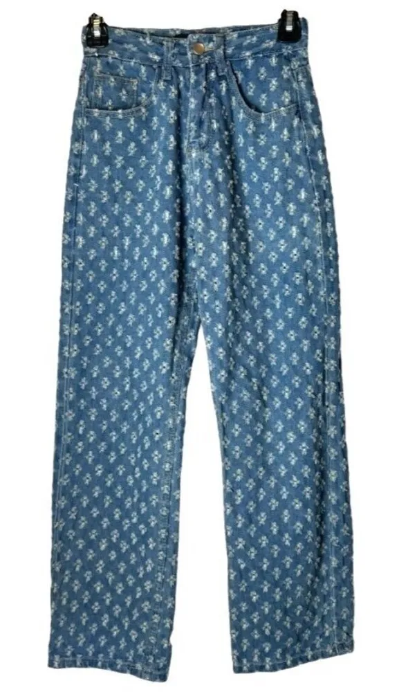 Cider Jeans Women XS Blue Medium Wash Dotted Distressed Pattern Straight Leg - Image 1