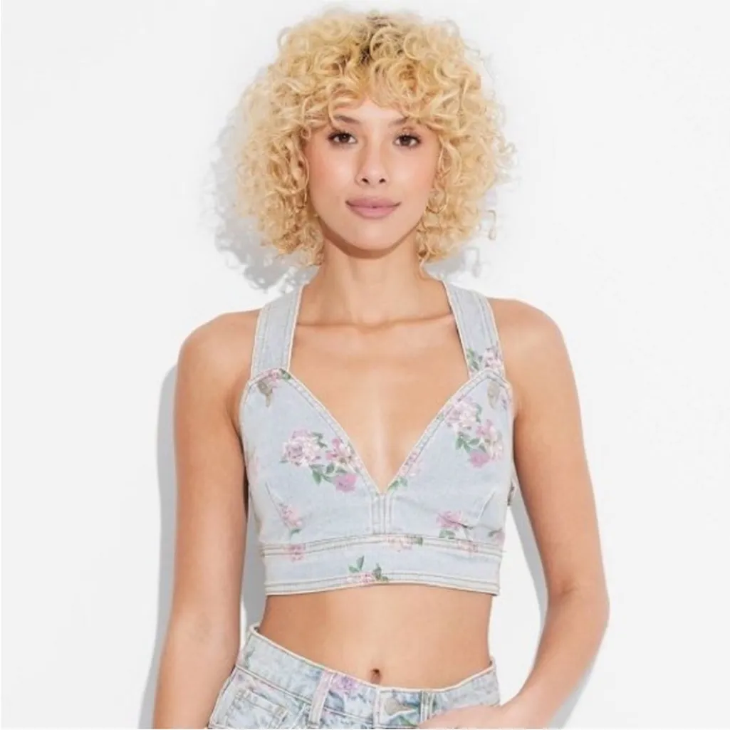 NWT! Wild Fable Cropped Floral Light Wash Denim Vest Large blue pink 90s vibes - Image 5