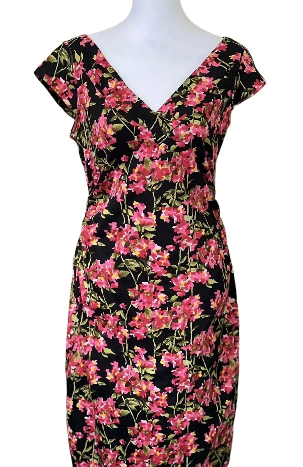 Maggy London Petites Black Pink Retro Floral V-Neckline Cotton Sheath Dress 2P - Image 1