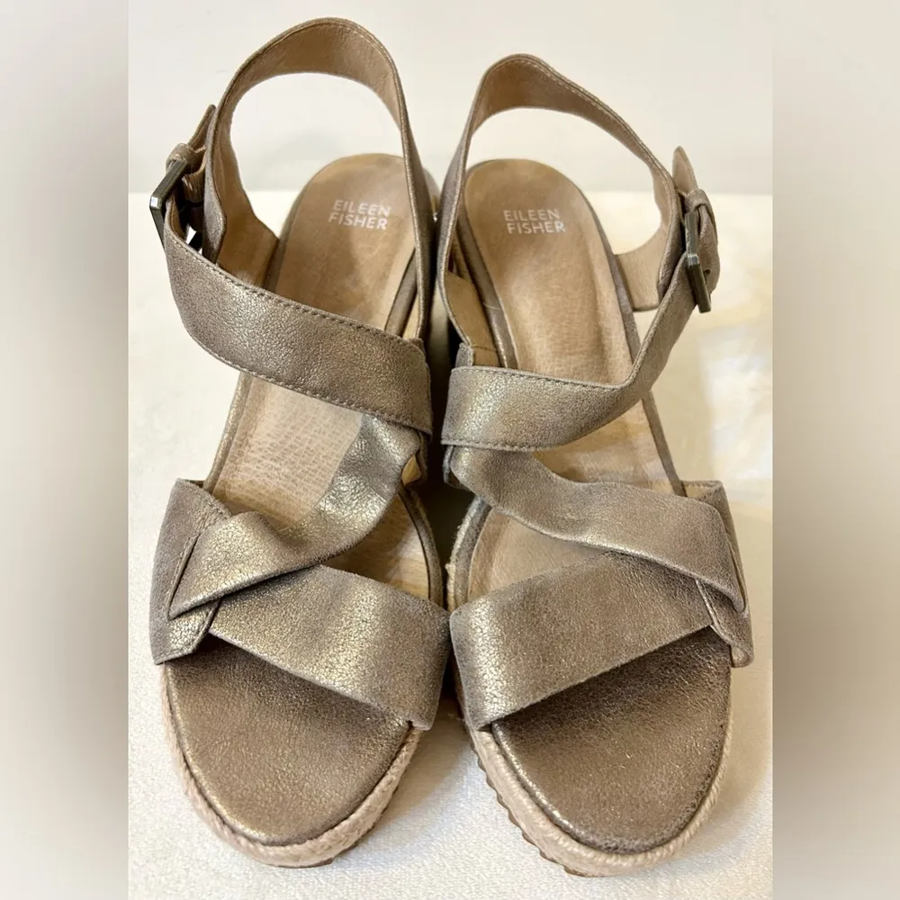 Eileen Fisher Beckon Metallic Suede Espadrille Wedge Sandal Platinum Size 9.5 - Image 4