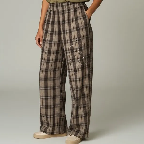 Oli & Hali Women's Plaid Distressed Button Up Shirt & Wide Leg Pants Set S Brown - Image 2