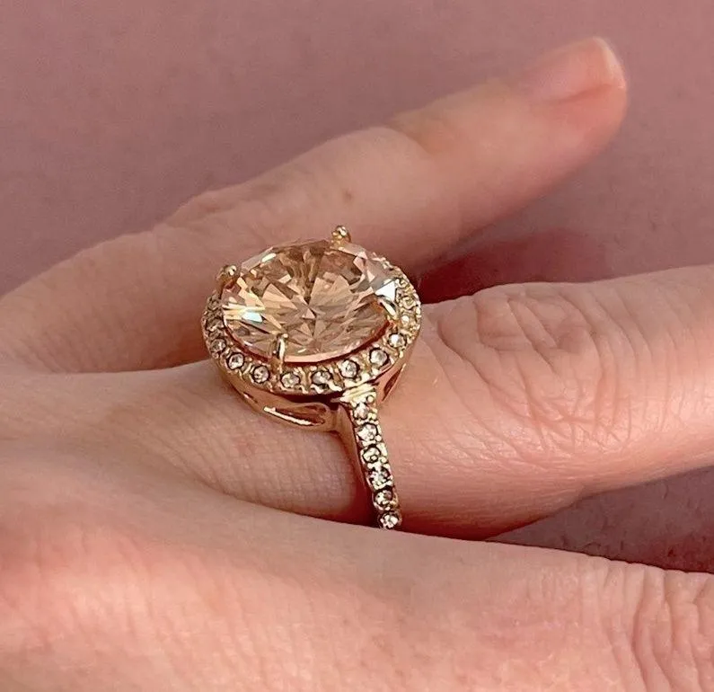 Gorgeous Morganite Cocktail Ring Cubic Zirconia Gold Tone Size 9 - Image 3