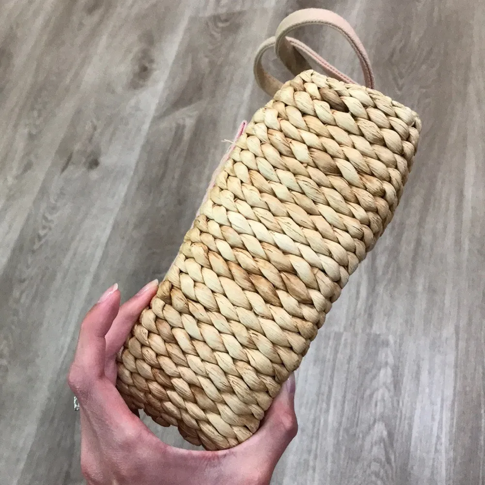 Flower Wicker Straw Basket Gingham Purse Bag Pink - Image 4