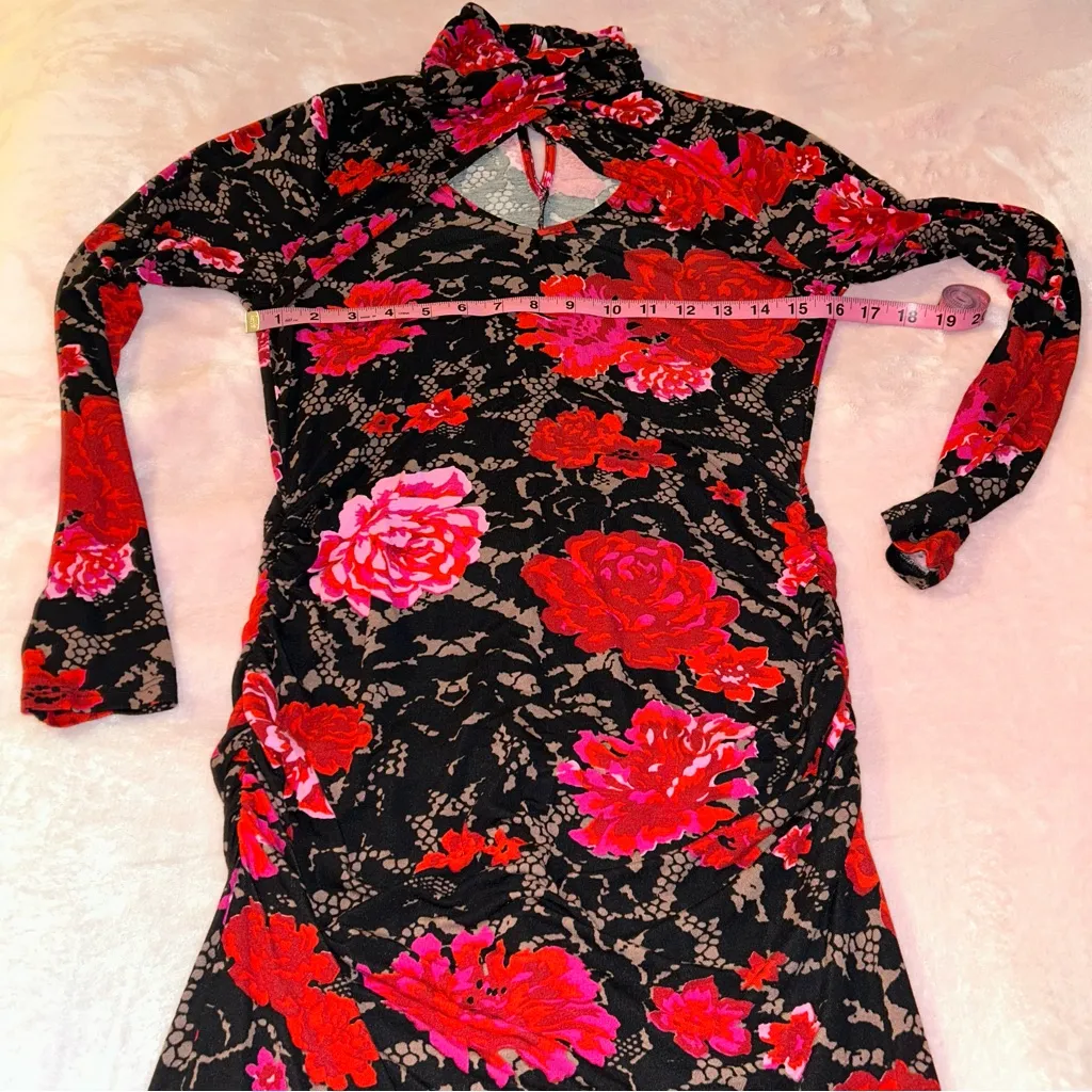 Venus floral mock halter neck long sleeve bodycon ruched midi dress M keyhole - Image 11