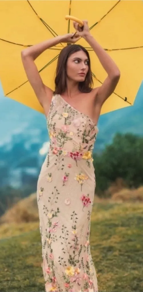 MAC DUGGAL 68606 Beige One Shoulder Floral Embroidered Gown in Yellow Multi 12 - Image 2