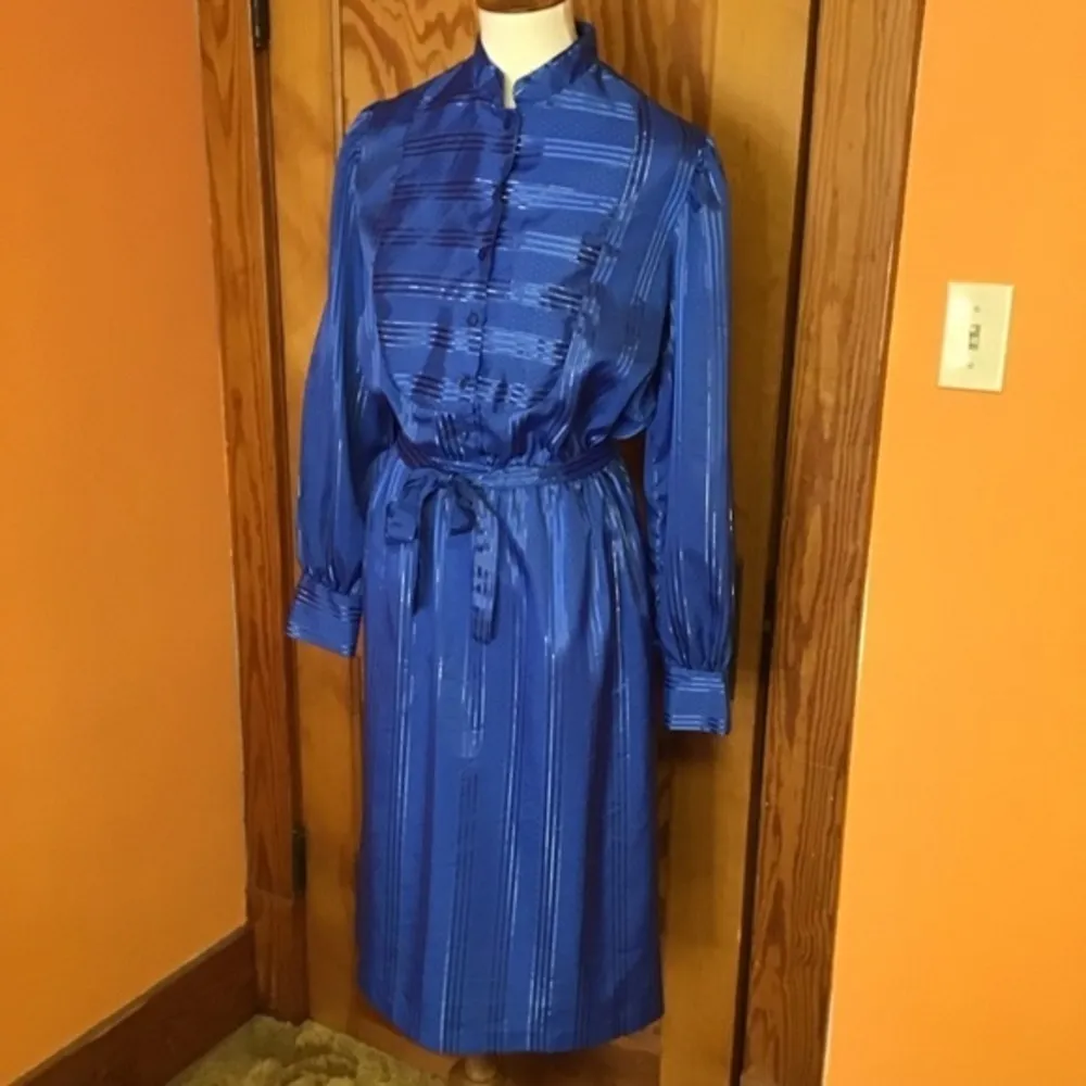 Vintage 80s Blue Midi Dress | Long Sleeve Button Up Tie Waist Dress Size 12 - Image 5