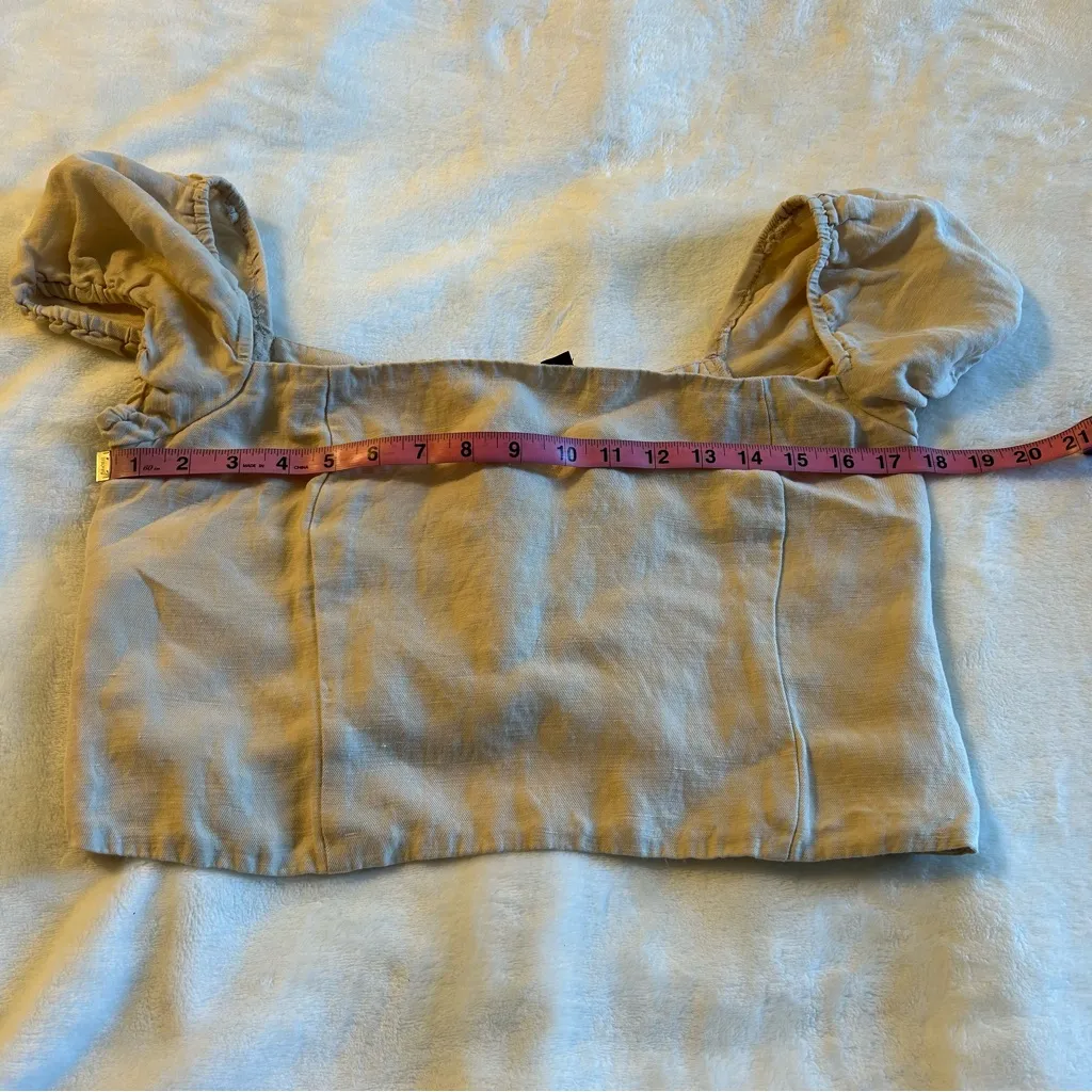 J. Crew tan linen blend short sleeve crop top size L puff sleeve smocked - Image 7