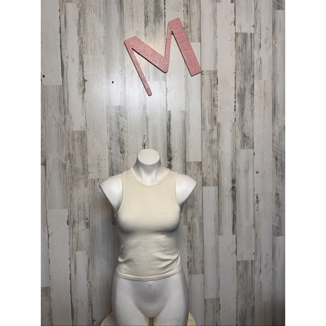 Poof New York Ribbed Tank Top | Cream Sleeveless Stretchy Fitted Shirt – Size M/ - Image 2