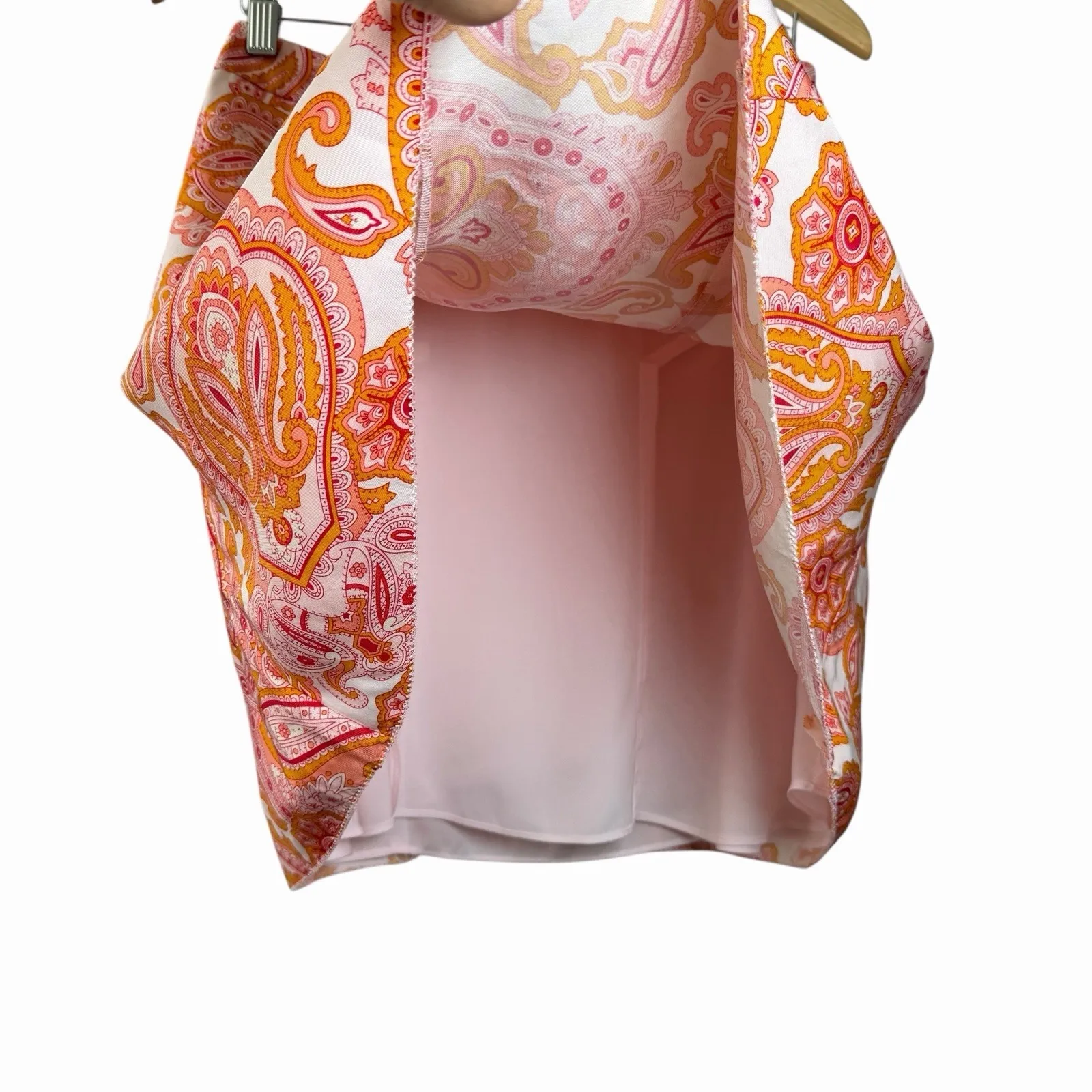 Banana Republic 100% Silk Paisley A-Line Mini Skirt Pink Orange Lined Size 2 - Image 5