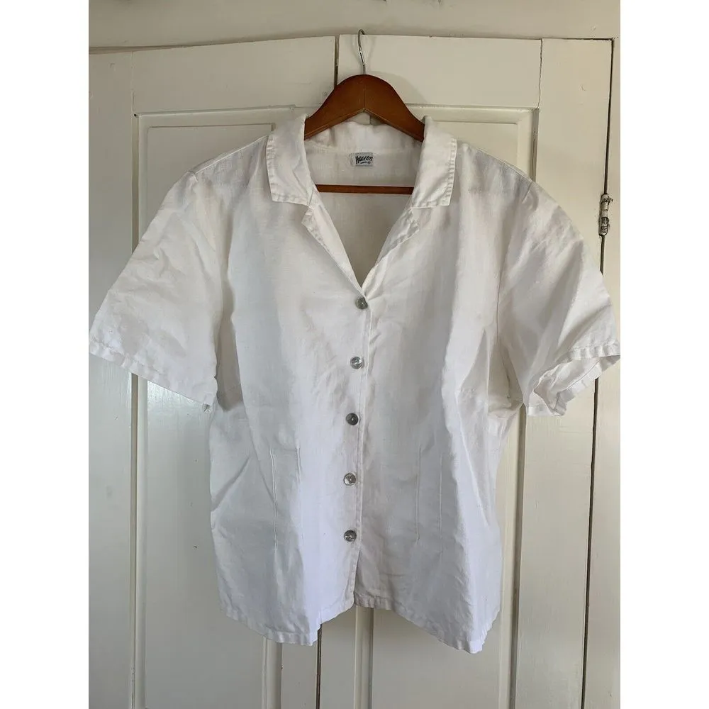 Heaven Blouse Women's Linen Top XL Short Sleeve White Button‎ Minimalist Capsule - Image 3