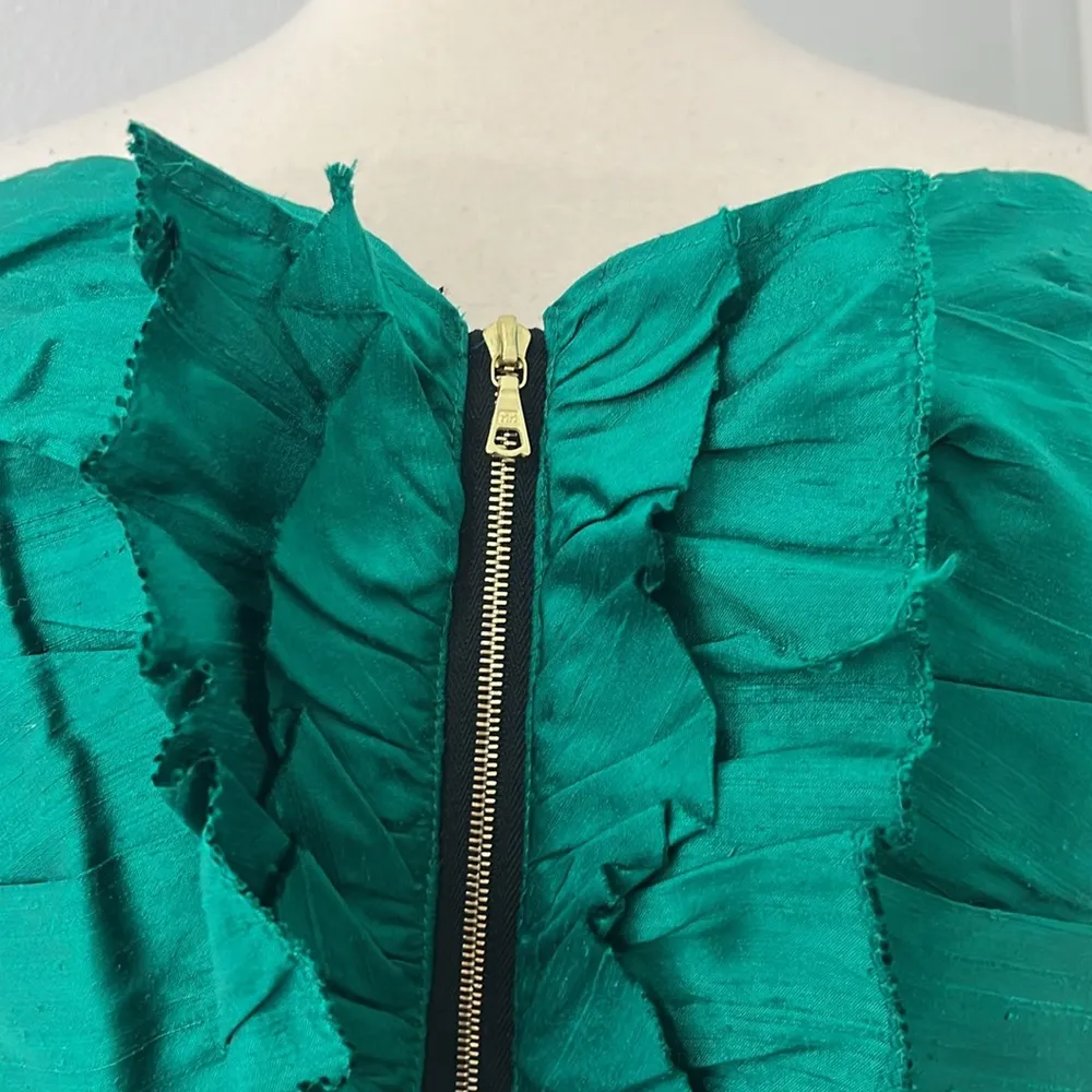 Phoebe Couture Size 14 Green Silk Y2K Ruffle Strapless Formal Dress w/Pockets - Image 14