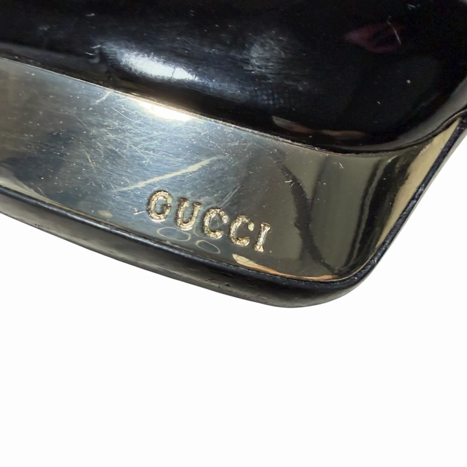 Gucci Black Patent Leather Gold Platform Peep Toe Heels 9.5B Made in Italy - Image 8