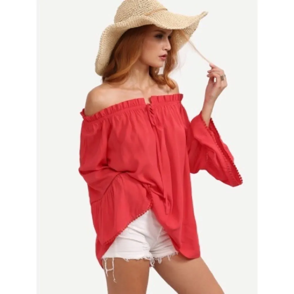 ✨2xHP✨Red Boat Neck Bell Sleeve Tie Ruffle Blouse✨ Pink Size M - Image 3