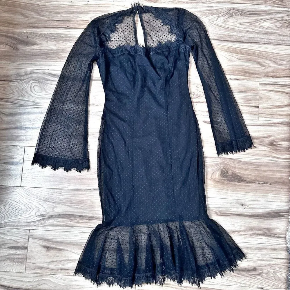 LIKELY | LBD Little Black Dress Ruffle Wide Long Sleeve Lace Overlay | Size 6 - Image 3